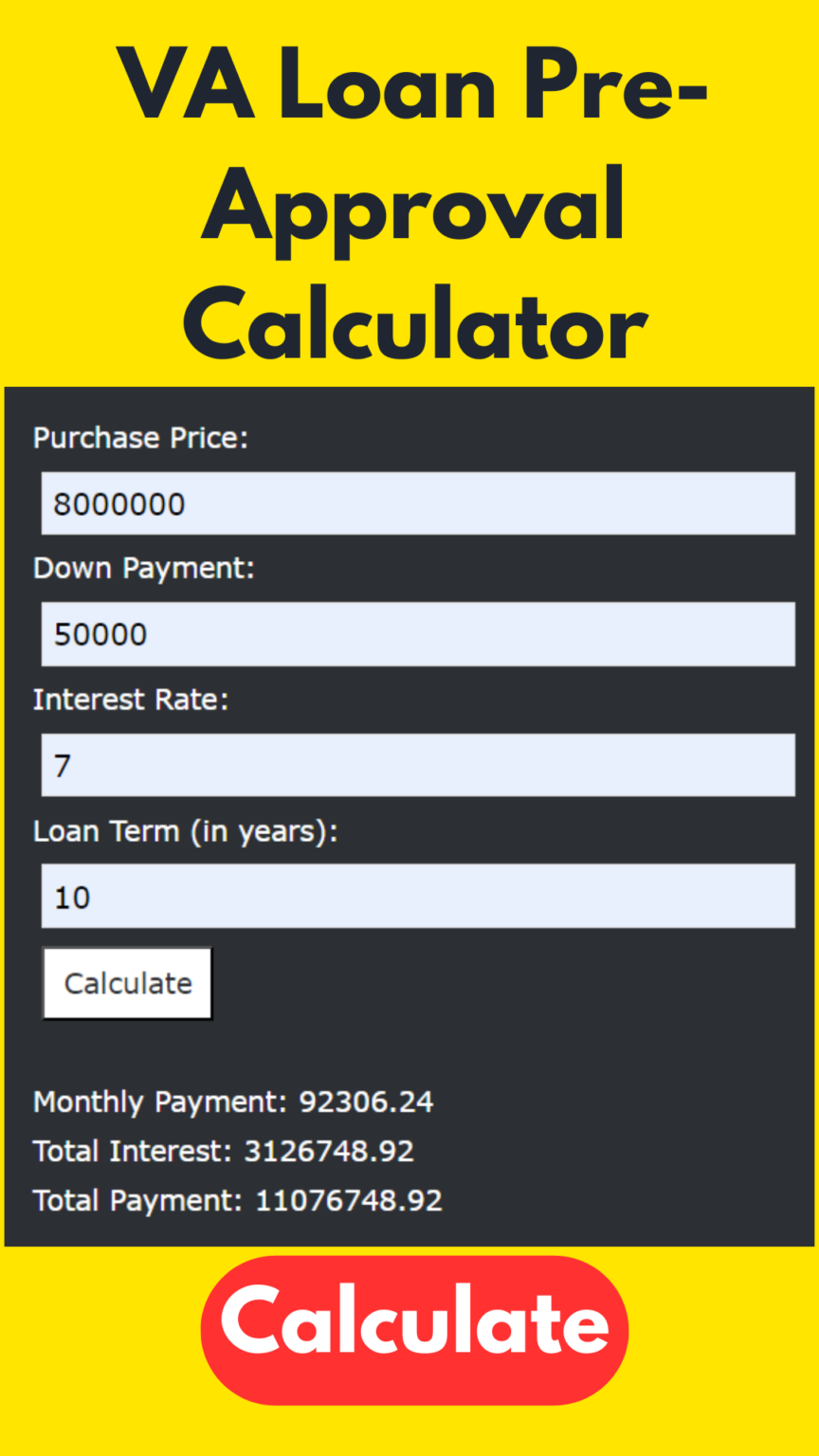 VA Loan PreApproval Calculator With Interest Rate And Down Payment